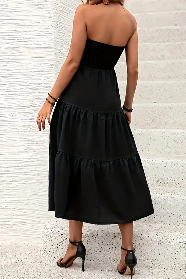 Bandeau Smocked Solid Color Midi Dress