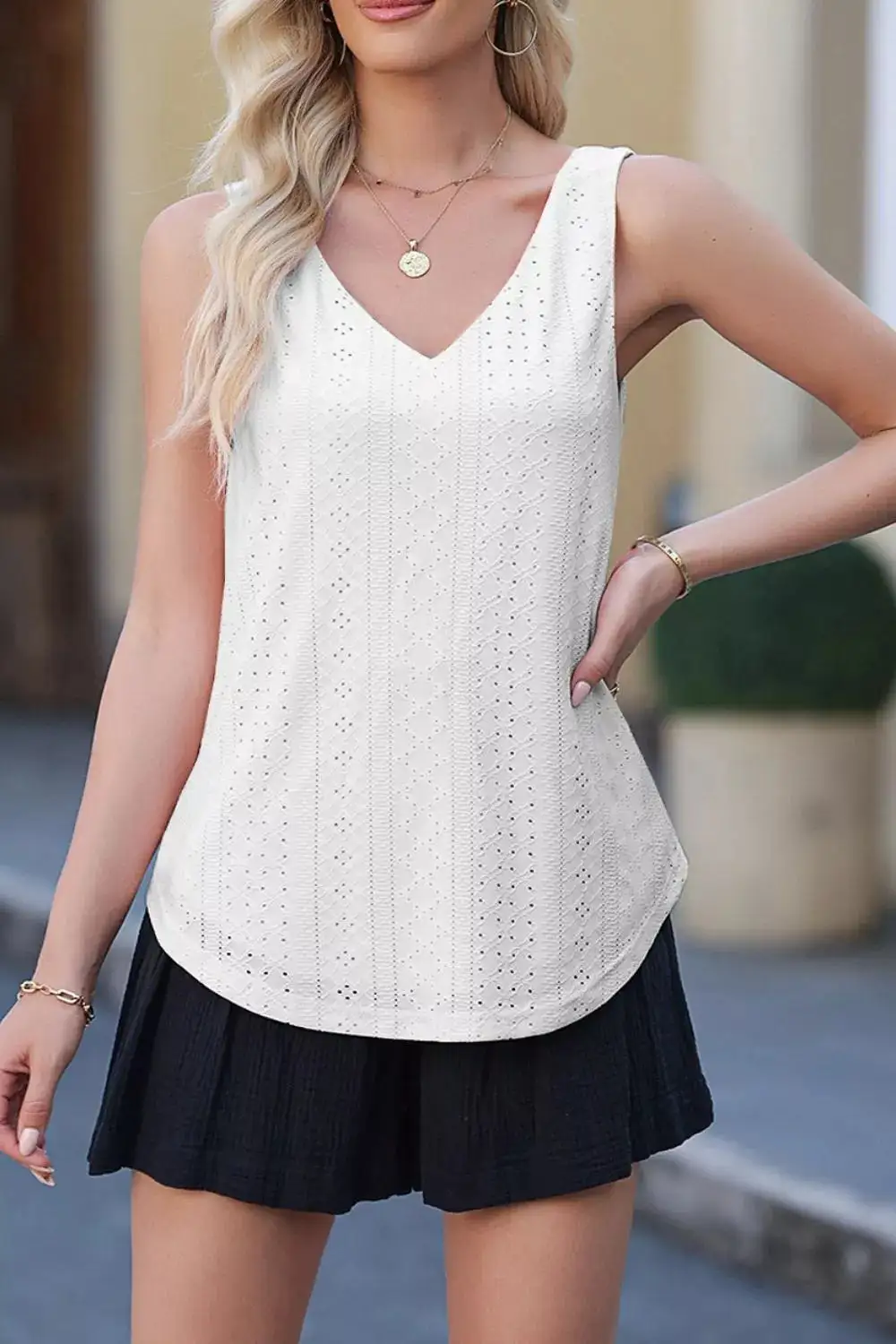 Eyelet Knit Patterned Loose V Neck Tank
