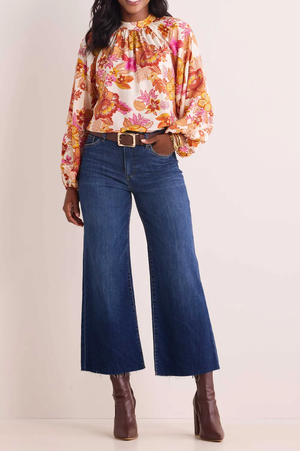 Floral Print Balloon Sleeve High Neck Blouse
