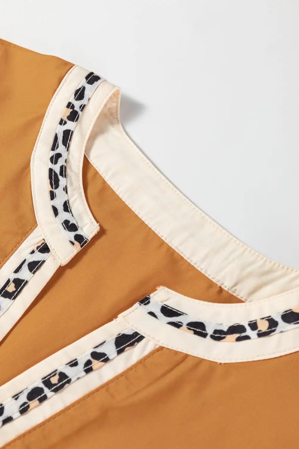 Buckskin Contrast Leopard Trim Split Neck Puff Sleeve Blouse