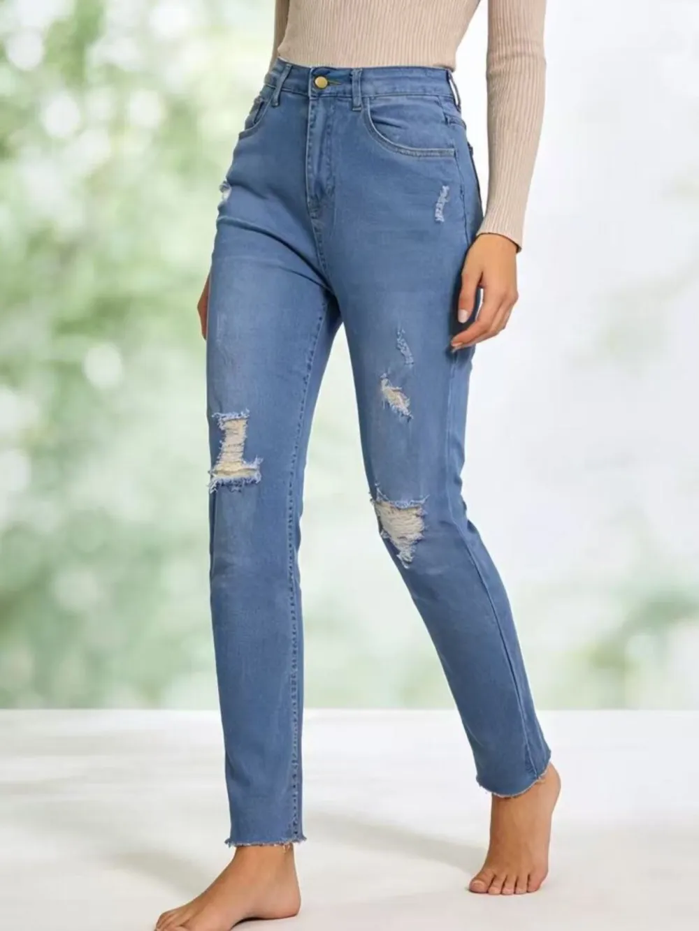 Soft High Waist Distressed Denim Jeans