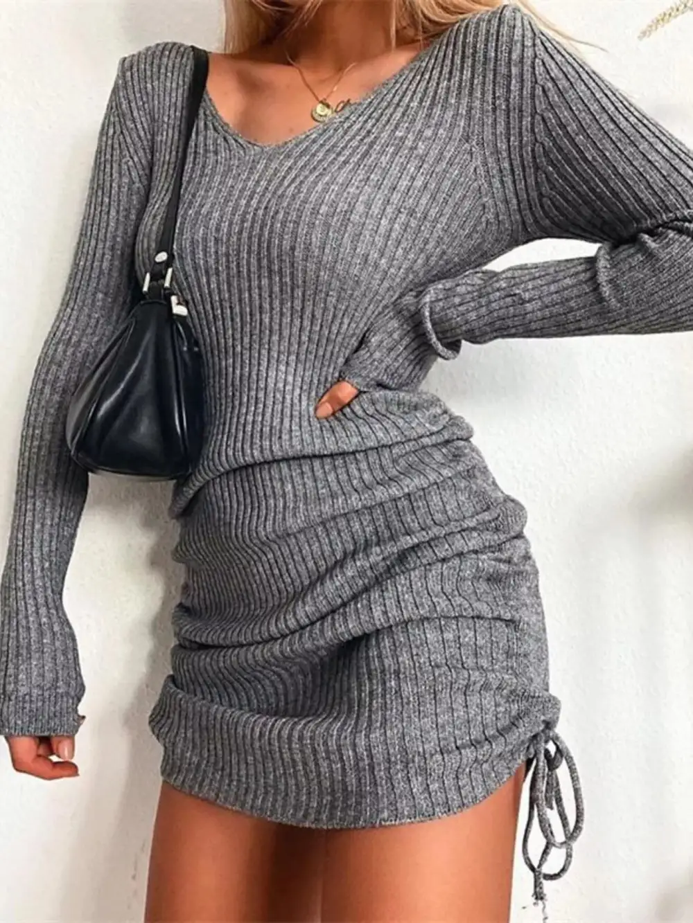 Ribbed Knit Drawstring Sweater Dress