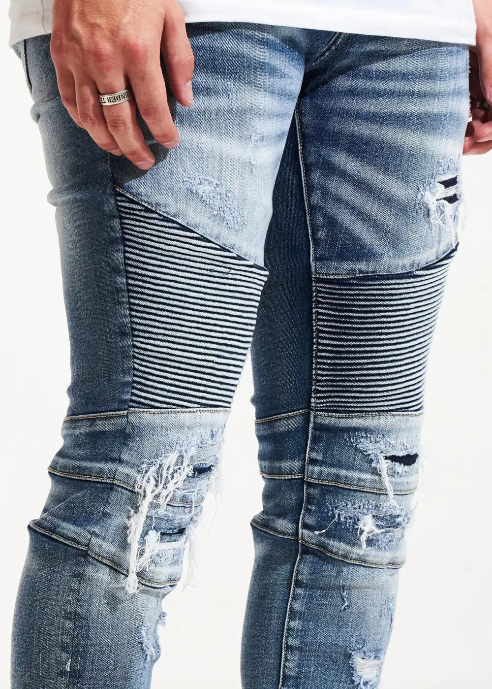 Distressed Ribbed Biker Jeans