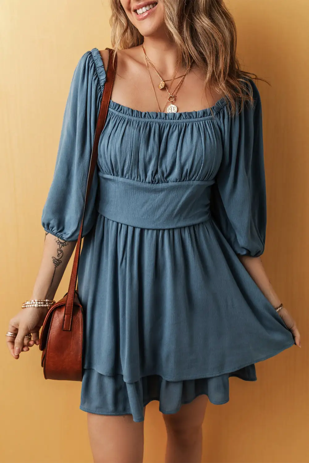 Frilled Neckline Sleeve Layered Ruched Mini Dress