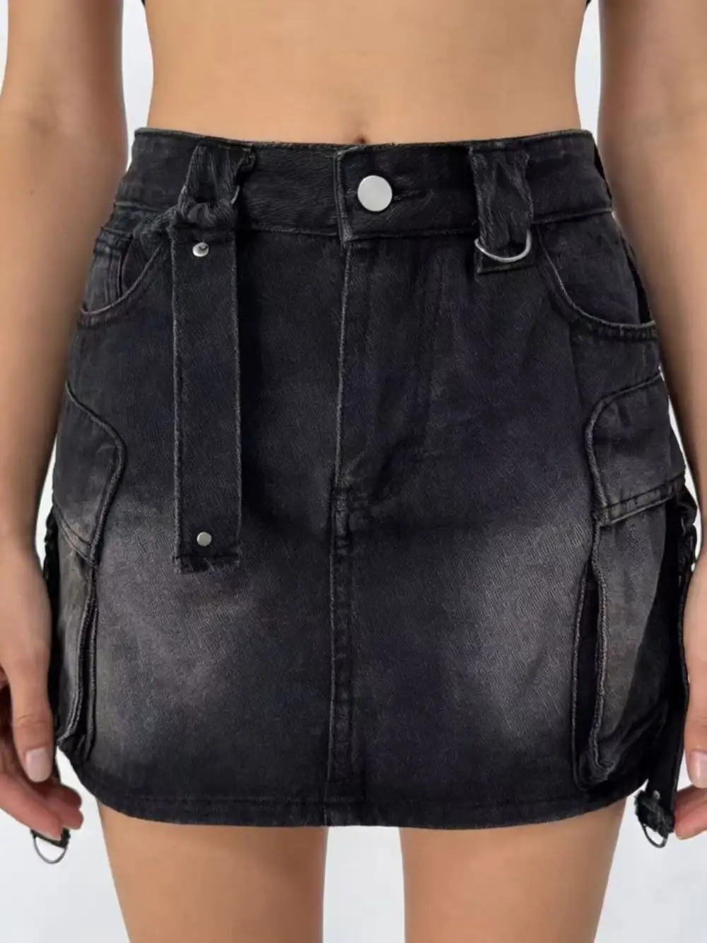 Washed Cargo Denim Skirt