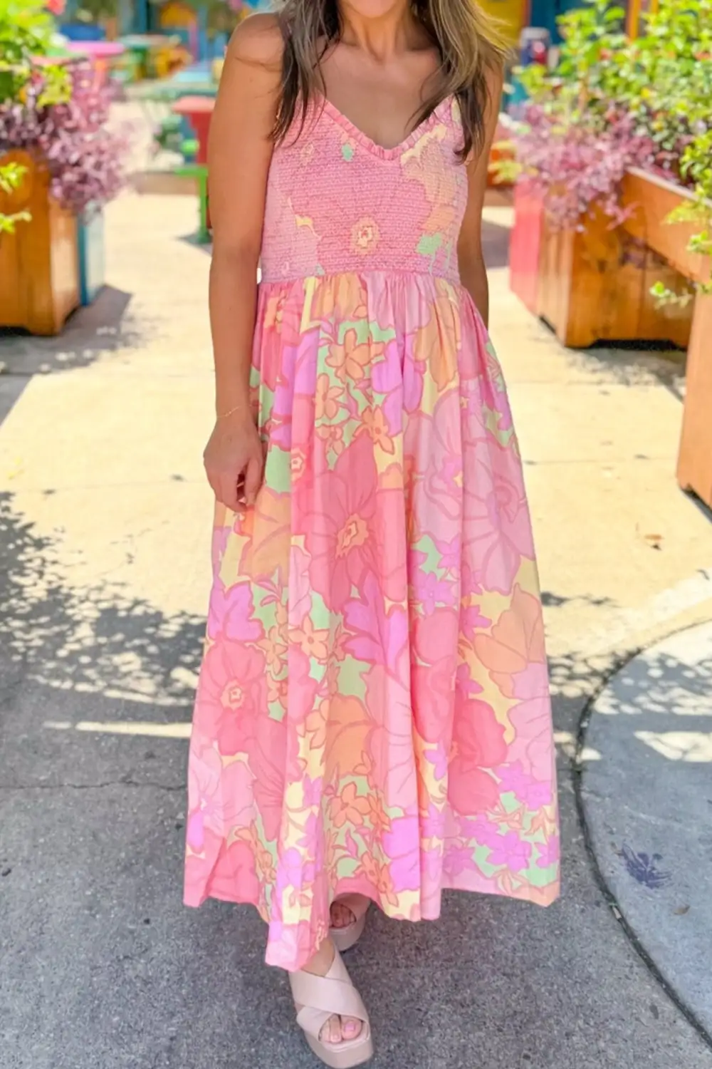 Spaghetti Straps Floral Shirred High Waist Dress
