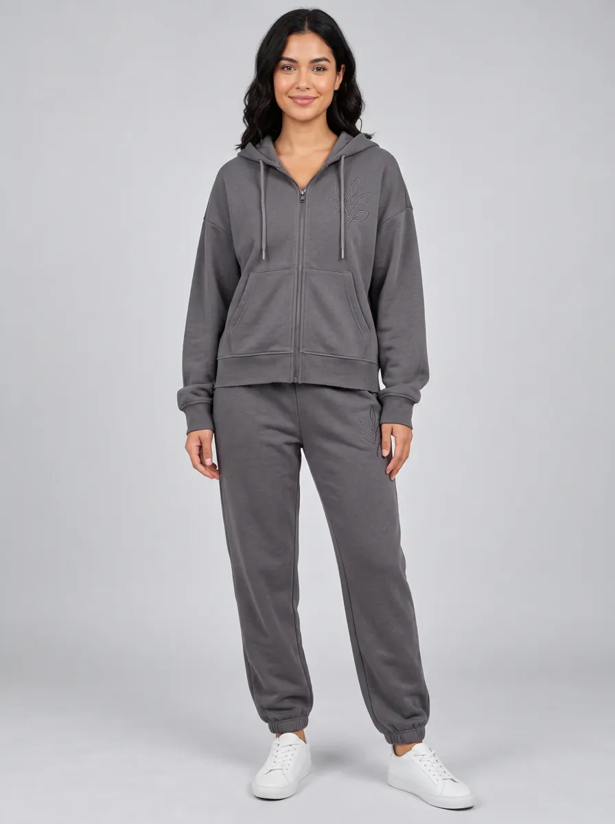 Women's Charcoal Drawstring Hood Zip-Up Hoodie Jacket & Jogger Set