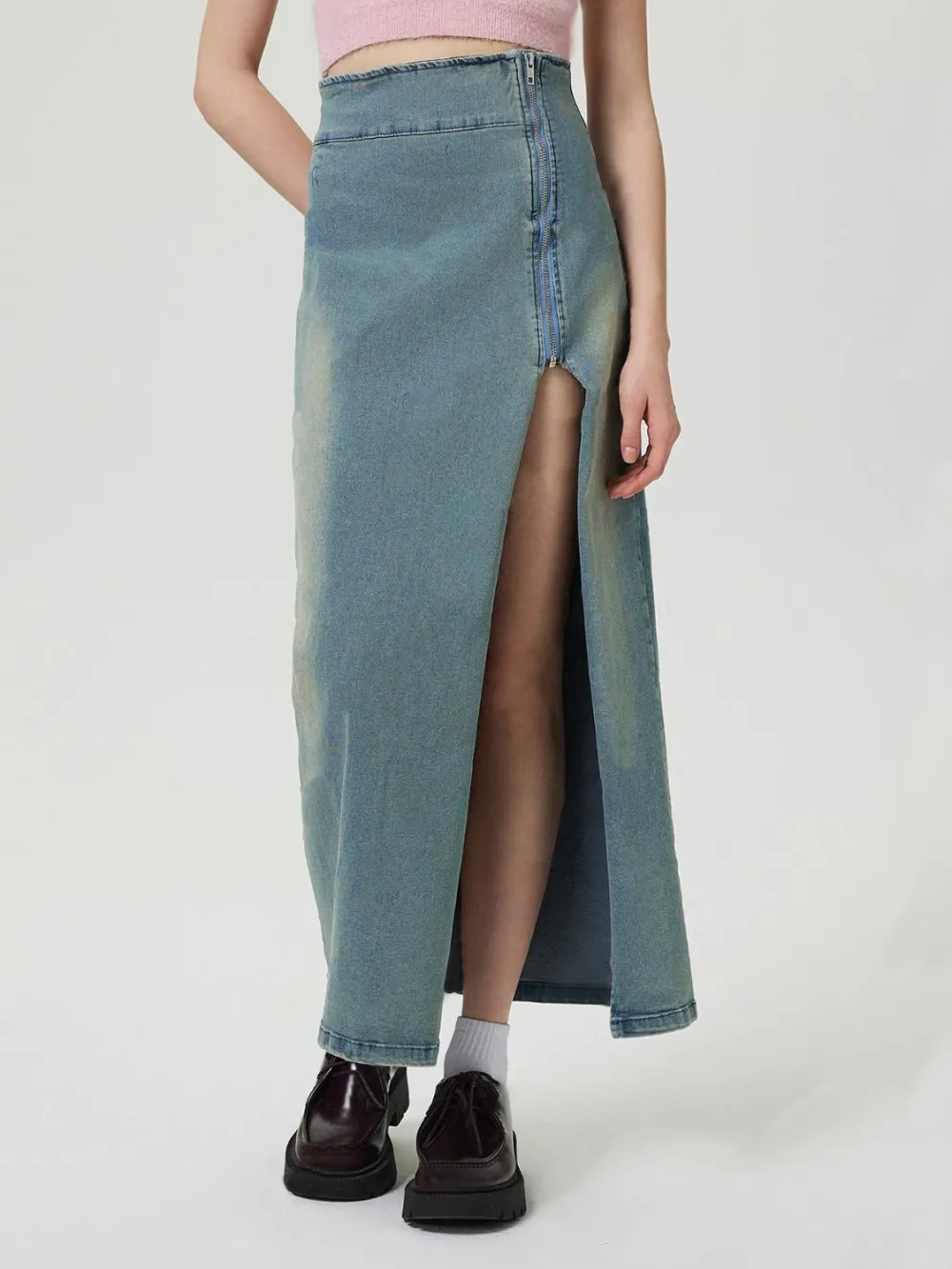 Loose Denim Cotton Blend Detail Skirt