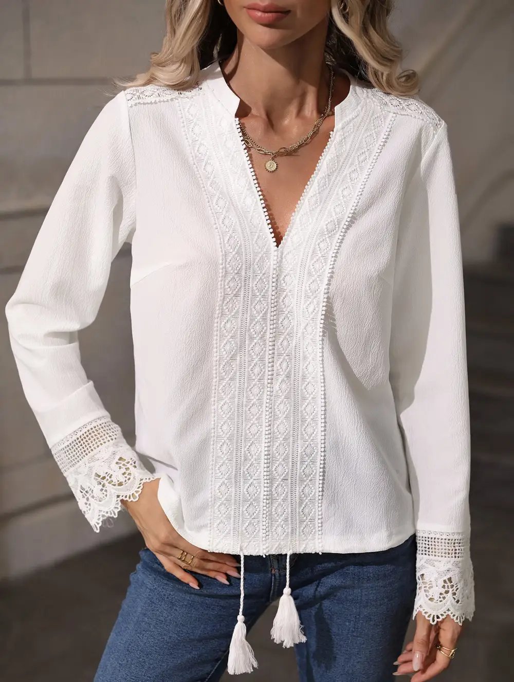 Niche V Neck Lace Tassel Shirt and Blouse
