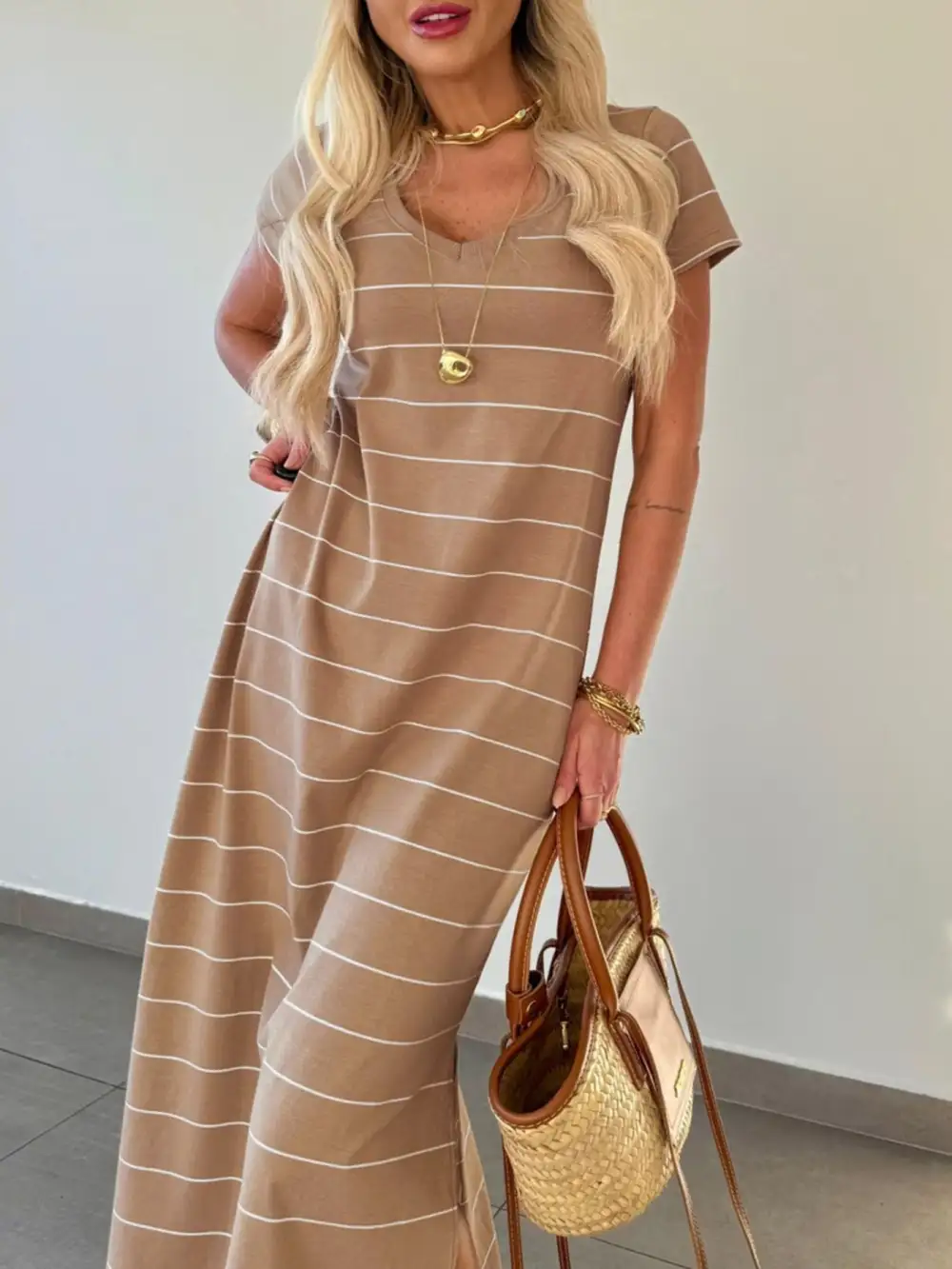 Striped Slit Short Sleeve Maxi Dress