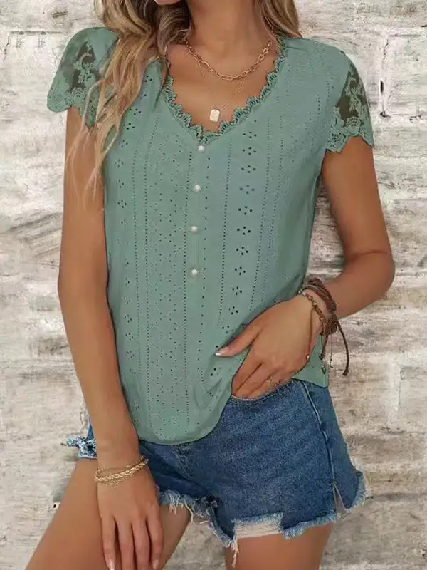 Relaxed Short Sleeve Button Detail Cutout Mesh Panel Detail V-Neck T-Shirt