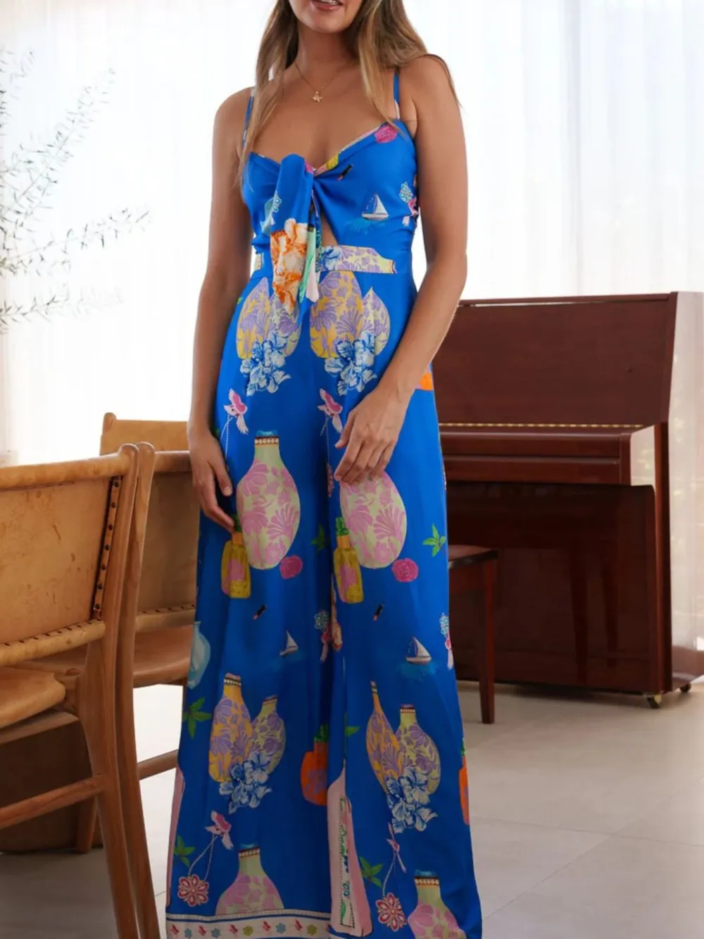 Printed Tie Front Wide Leg Jumpsuit
