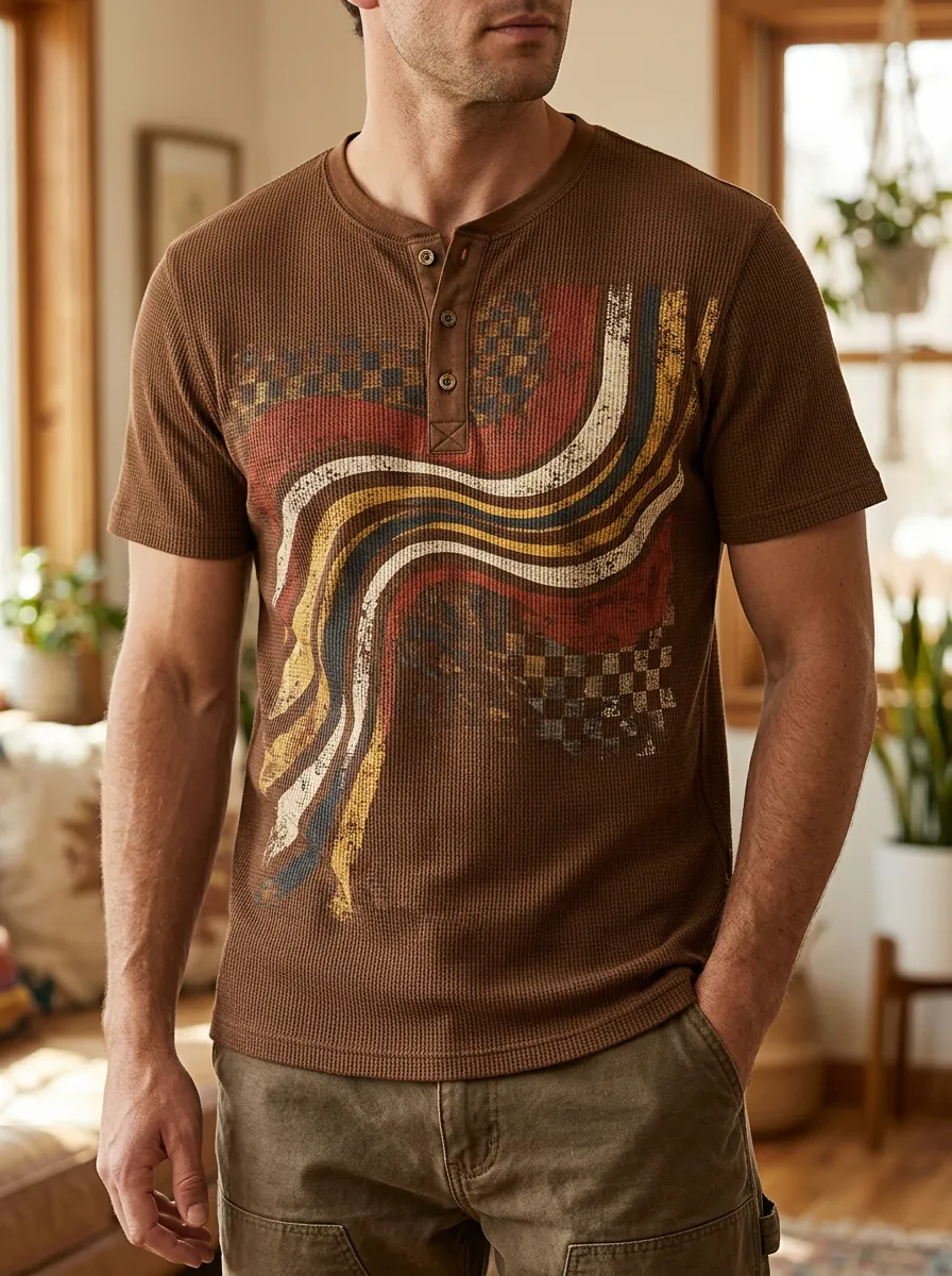 Men's Modern Retro Wavy Checkered Waffle Henley T-Shirt