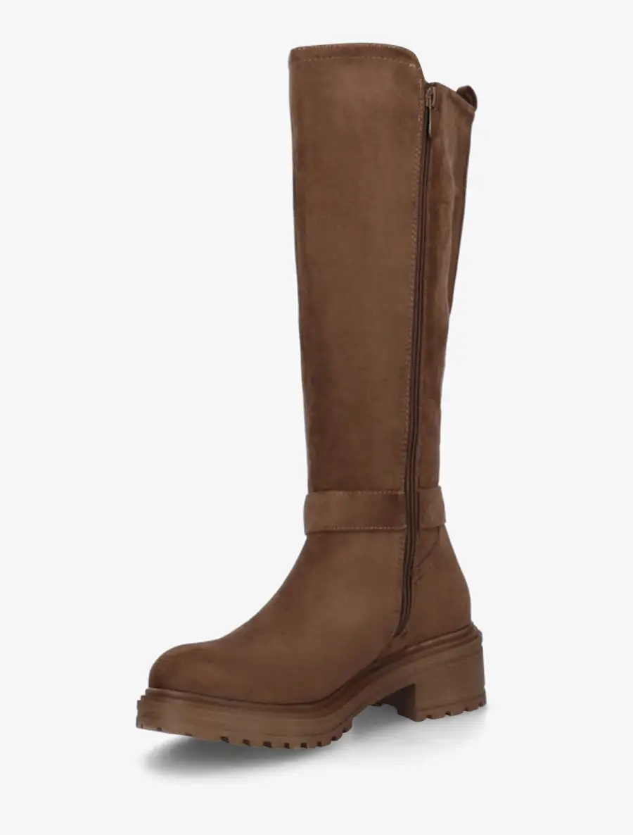 Classic Stretch Panel Strap Detail Block Heel Faux Suede Knee High Boots