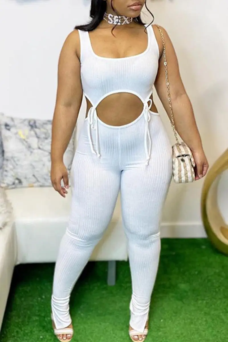 Sexy Casual Solid Hollowed Out Strap Design U Neck Skinny Jumpsuits