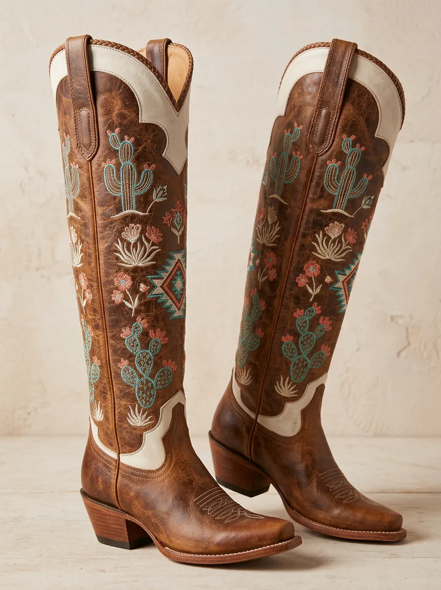 Women's Western Cactus Floral Geometric Embroidered Braided Block-Heel Denim Over-the-Knee Boots