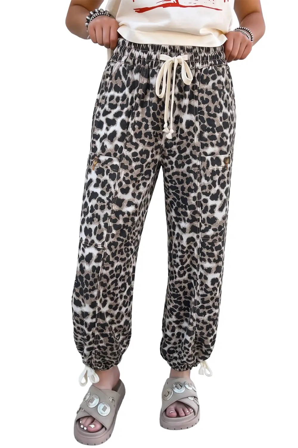 Drawstring Elastic-Waist Pocketed Leopard-Print Jogger