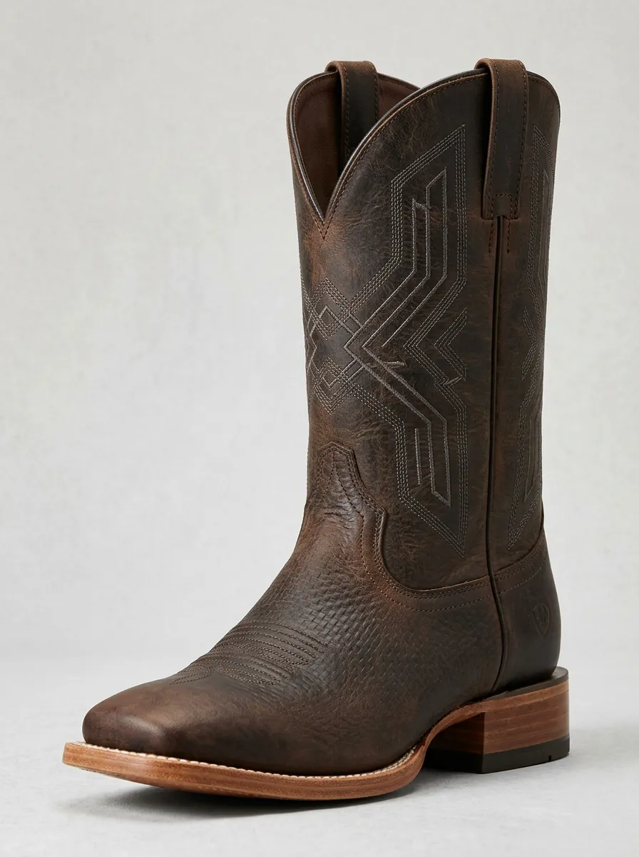Men's Western Cowboy Geometric Stitched Brown Leather Boots