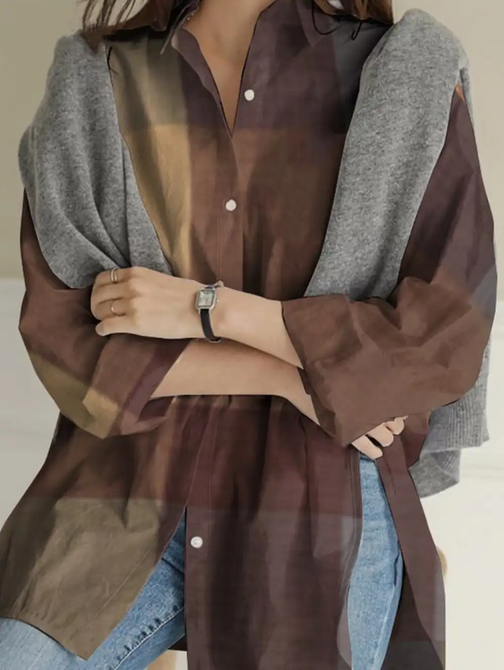 Long-Sleeved Plaid Irregular Shirt