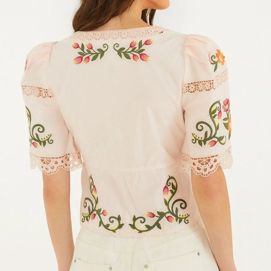 Embroidered Floral Puff-Sleeve Long-Sleeve Blouse
