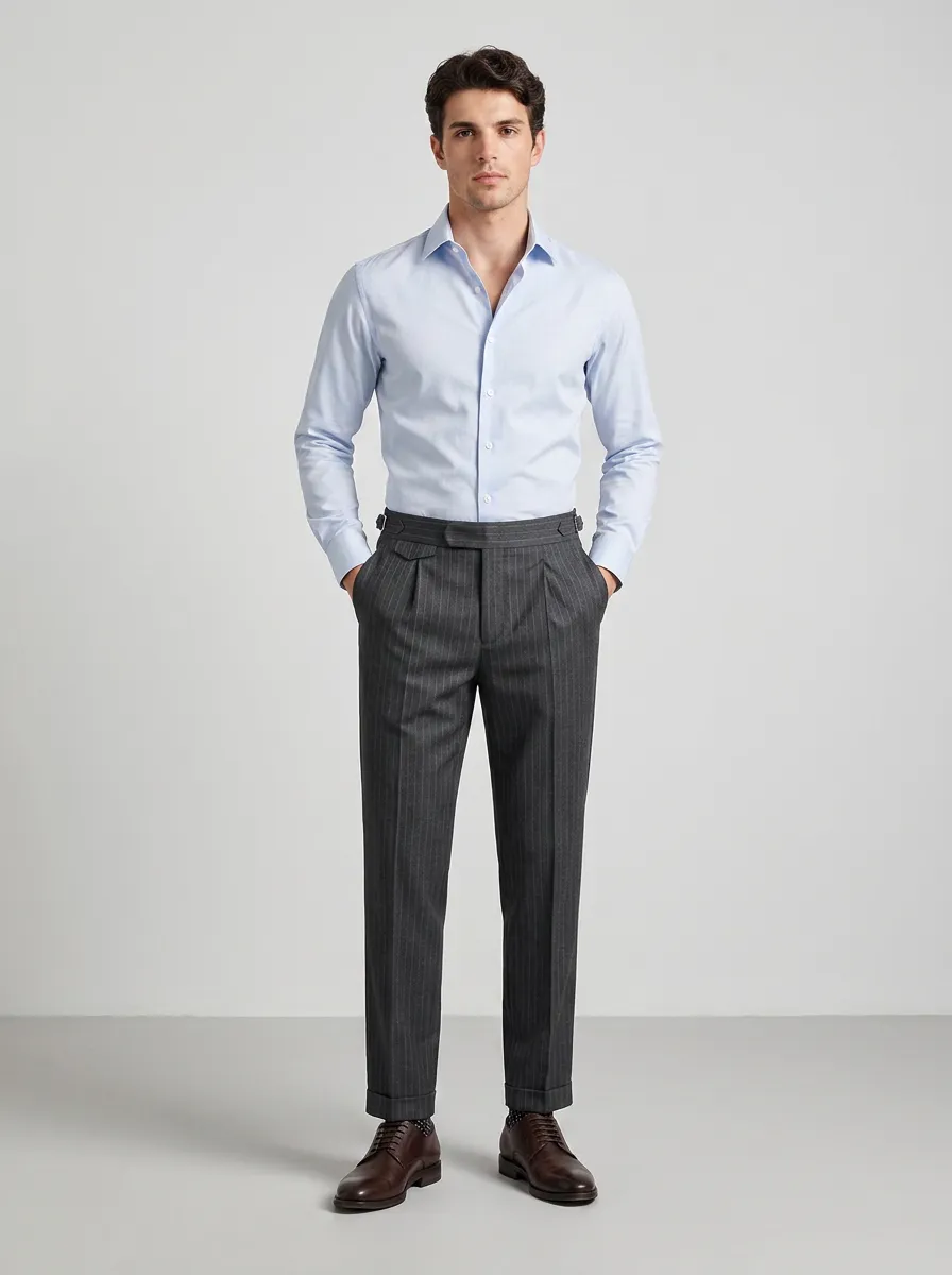 Men's Business Formal Grey Pinstripe Pleated Trousers
