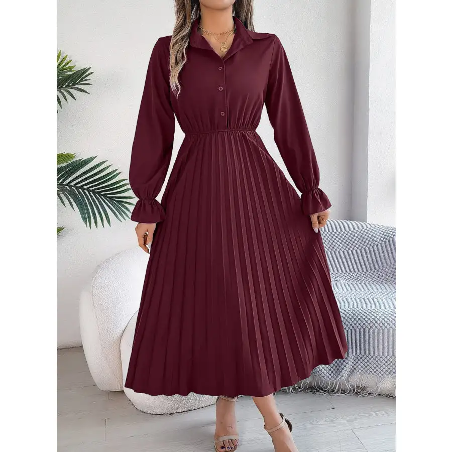 Pleated Half Button Long Sleeve Midi Dress