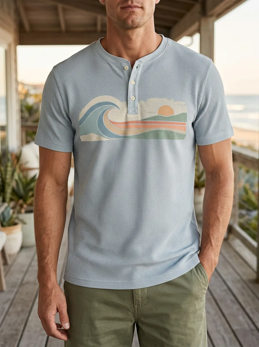 Men's Retro Inspired Beach Lover Ocean Wave Sunset Henley T-Shirt