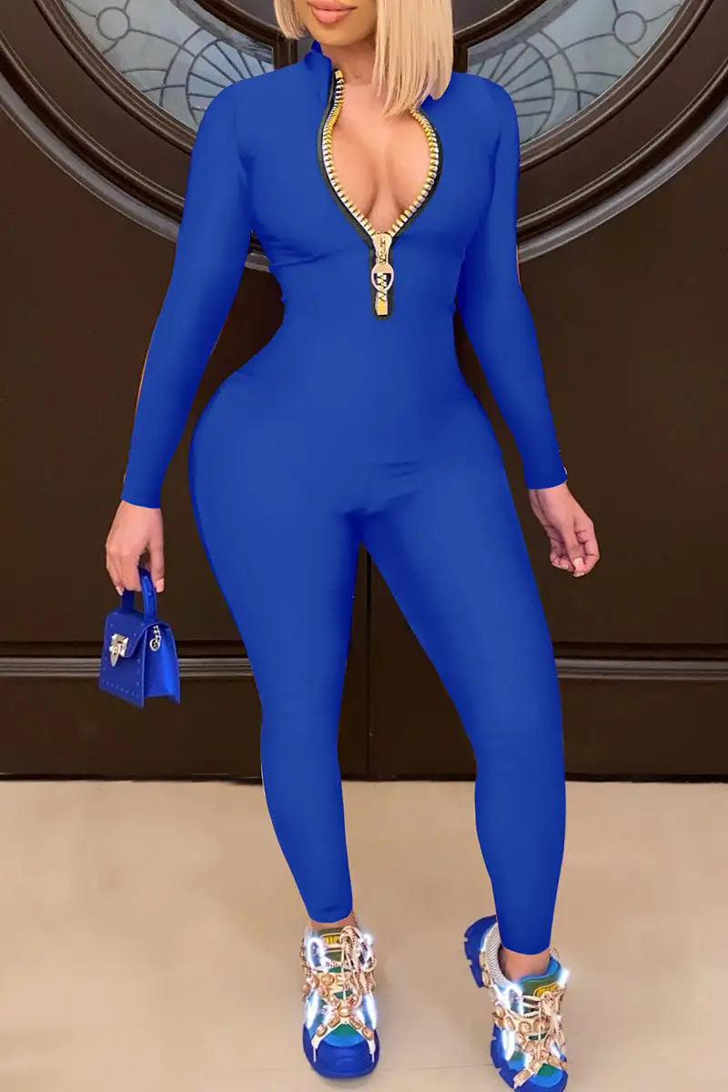 Casual Solid Split Joint Zipper Collar Skinny Jumpsuits