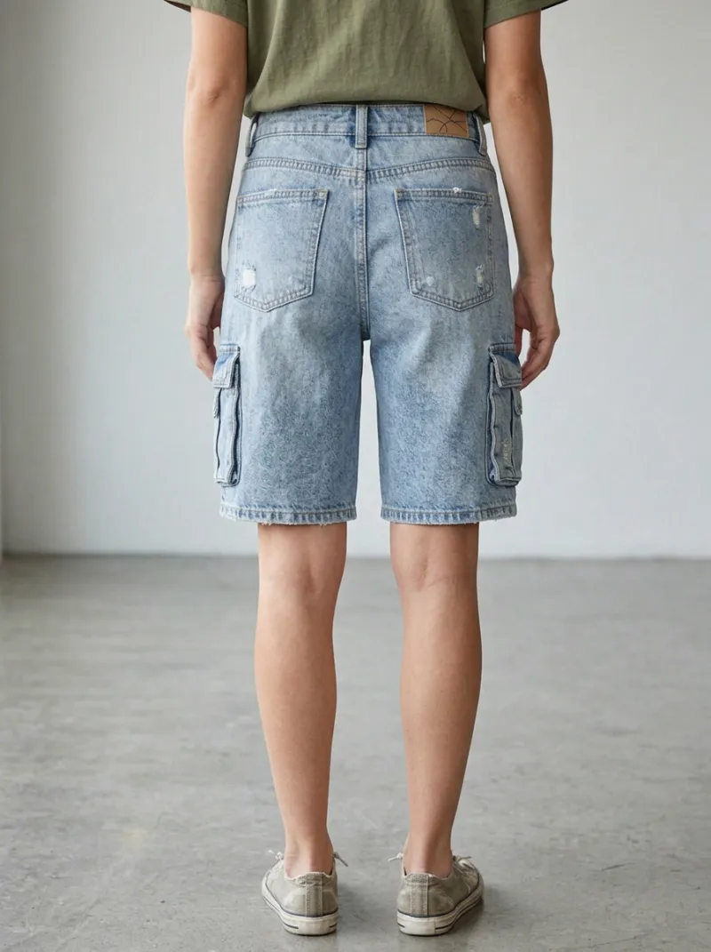 Women's Classic Distressed Cargo Pocket Cargo Denim Shorts