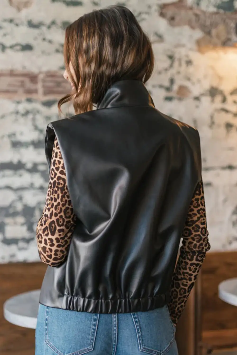 Double Flap Pocket Zip Stand Collar Faux Leather Vest