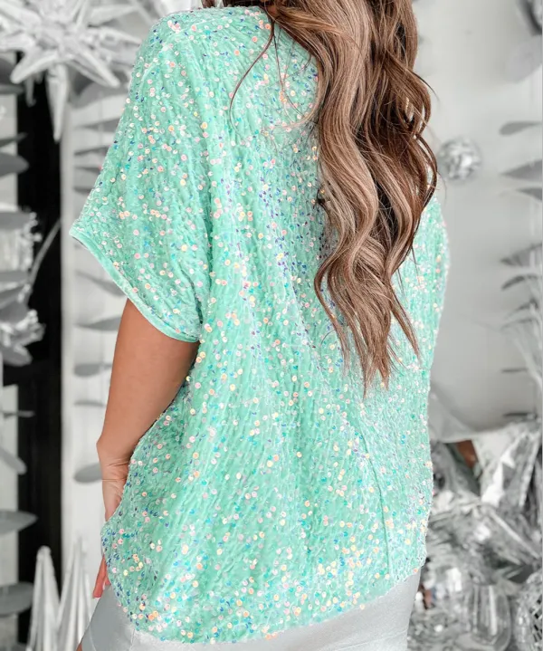 Moonlight Jade Sequin Batwing Sleeve V Neck Velvet Blouse