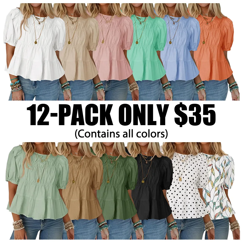 Womens Puff Sleeve Peplum Babydoll Tops