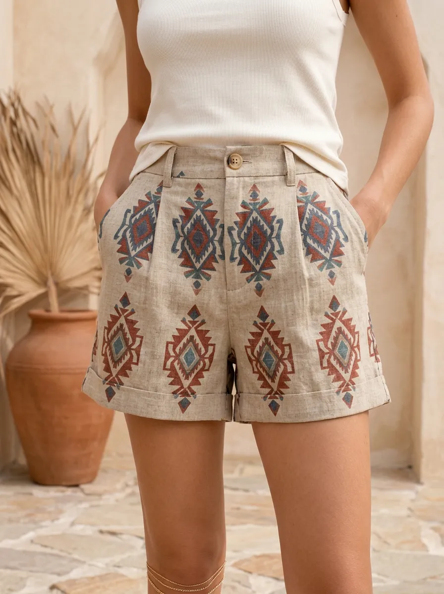 Women's Boho Style Geometric Pattern Pleated Printed Shorts