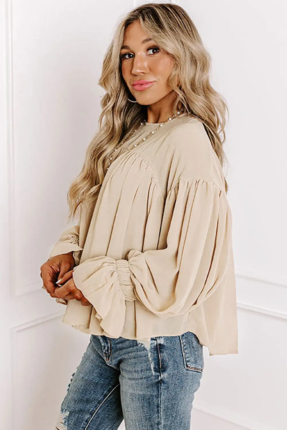 Chiffon Ruffle Trim Long Sleeve Blouse