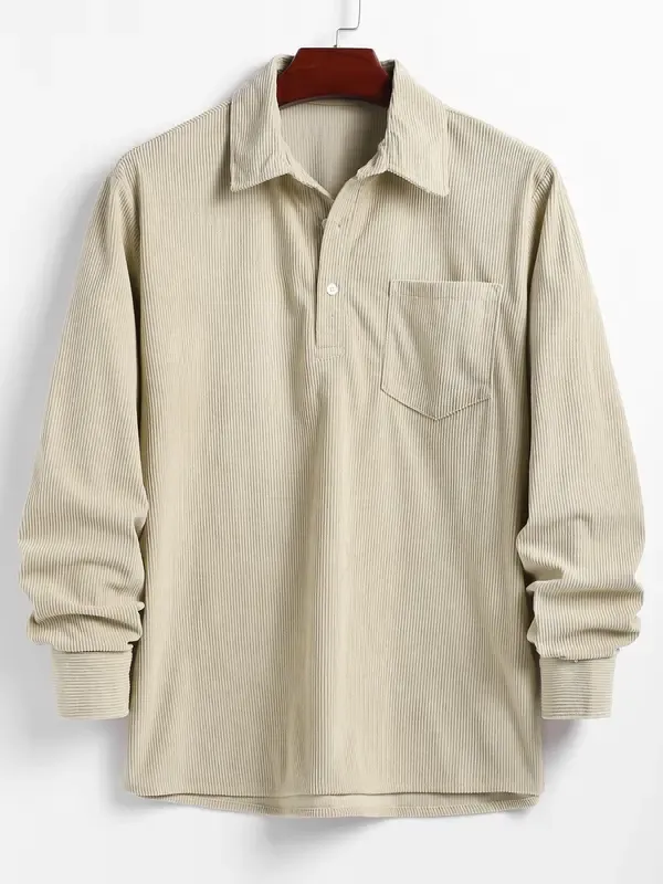 🔥Last Day 49% Offer-Men's Plain Pocket Half Button Corduroy Shirt, Casual Comfy Regular Fit Long Sleeve Collared Top For Fall & Winter, Men's Clothes For Daily Wear