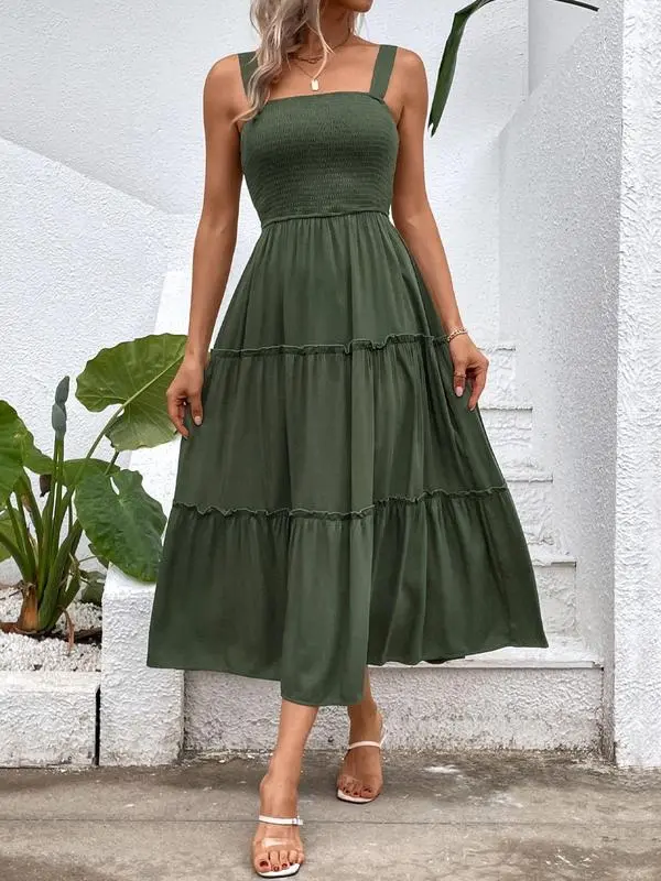 Women'S Frill Trim Ruffle Hem Shirred Backless Sundress Cami Dress, Sleeveless A Line Long Dress, Women'S Clothing For Summer Beach Holiday, Boho Clothes Women, Vintage Girly Clothes,