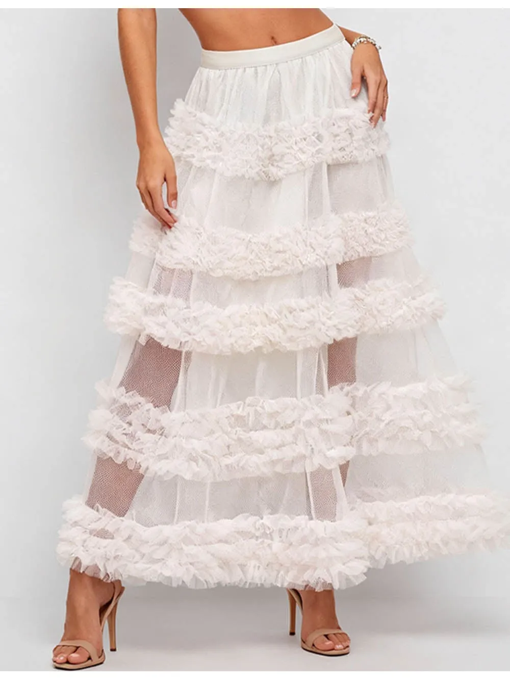 Layered Ruffle Sheer Mesh Elastic Waist Maxi Skirt