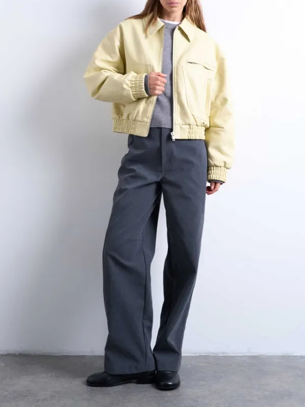 Leather Ruched Zip Up Jacket