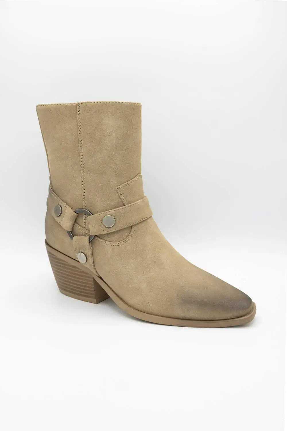Classic Harness Suede Pointed Toe Mid Calf Bootie