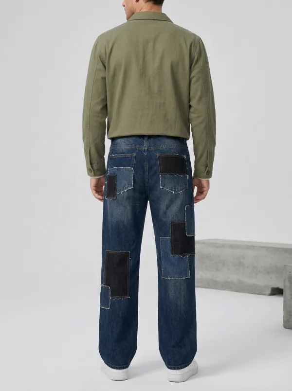 Wide Leg Patchwork Vintage-Inspired Distressed Finish Men's Loose Fit Jeans