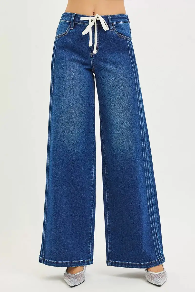 Mid Rise Wide Leg Drawstring Denim Jeans