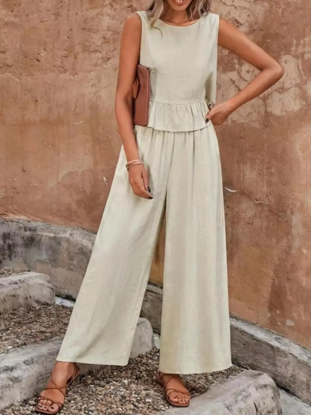 Sleeveless Ruffle Hem Top and Wide Leg Pants Two