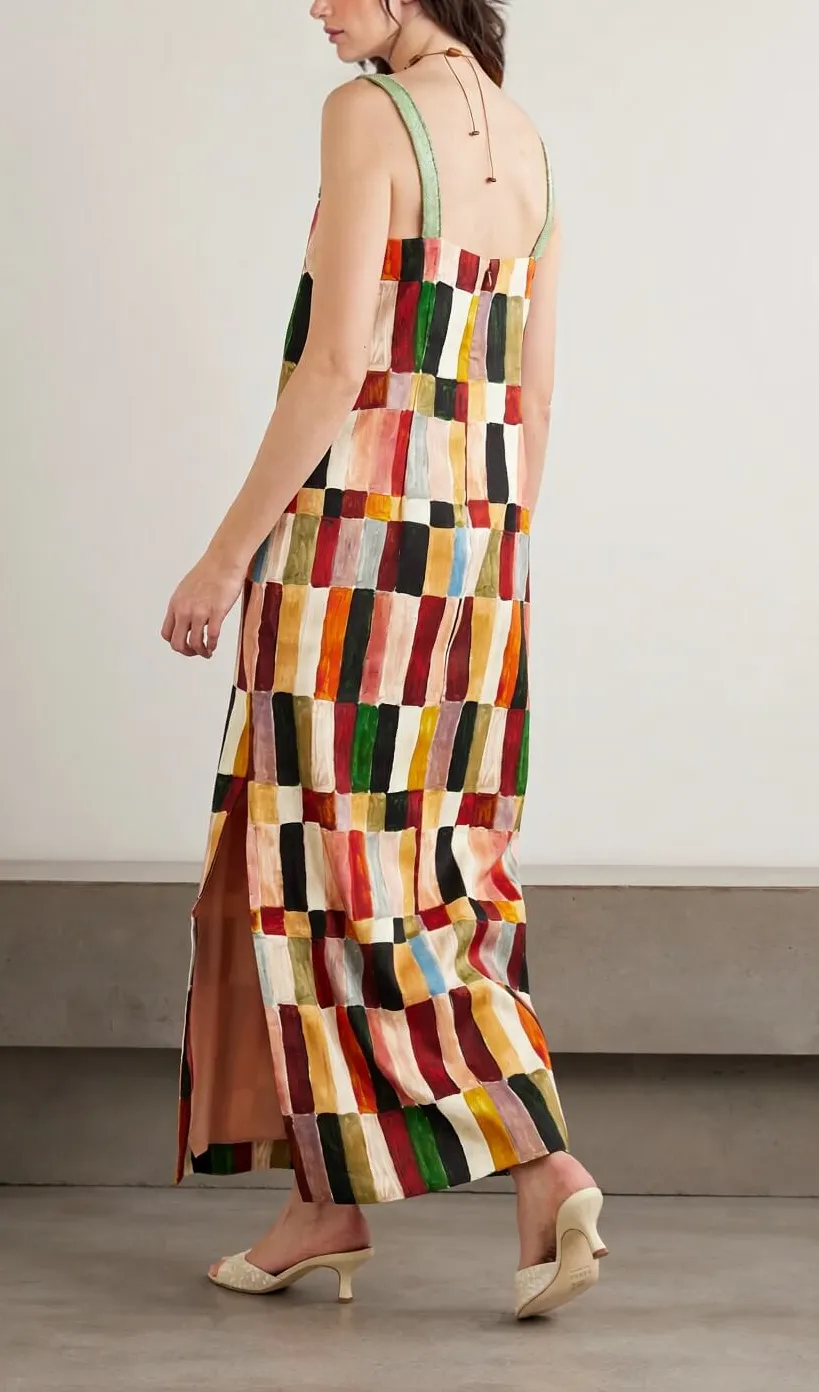 Geometric Print Linen Open Back Midi Dress