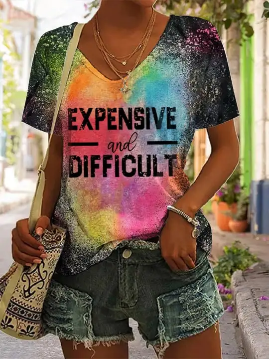 Women's Expensive And Difficult Print Tie Dye V-Neck T-Shirt