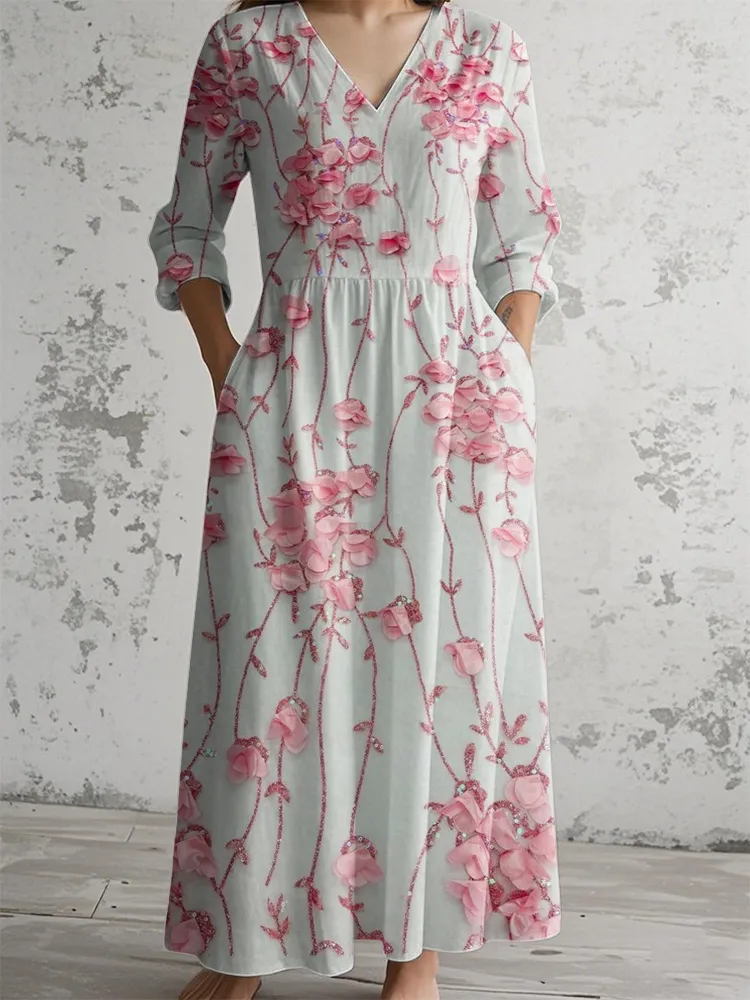 V-Neck Sequin Flower Print Maxi Dress