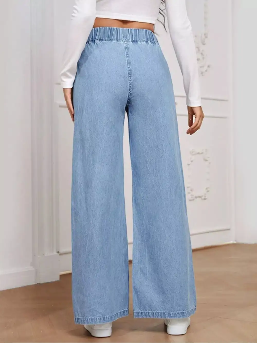 Wide Leg Elastic Waist Denim Jeans