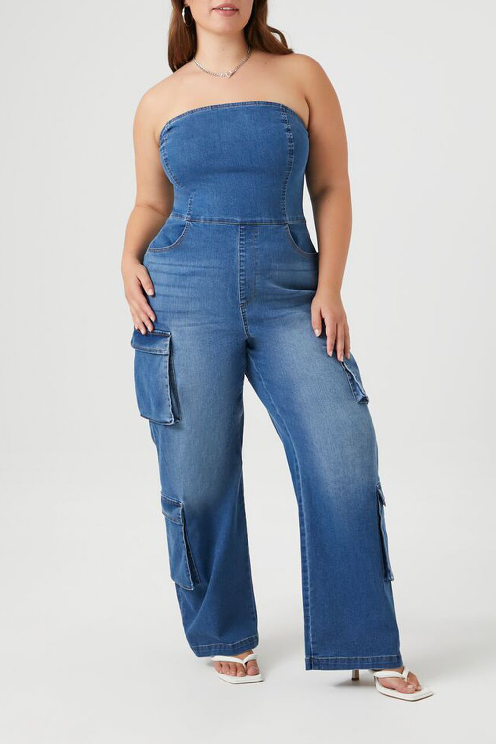 Plus Size Strapless Denim Jumpsuit