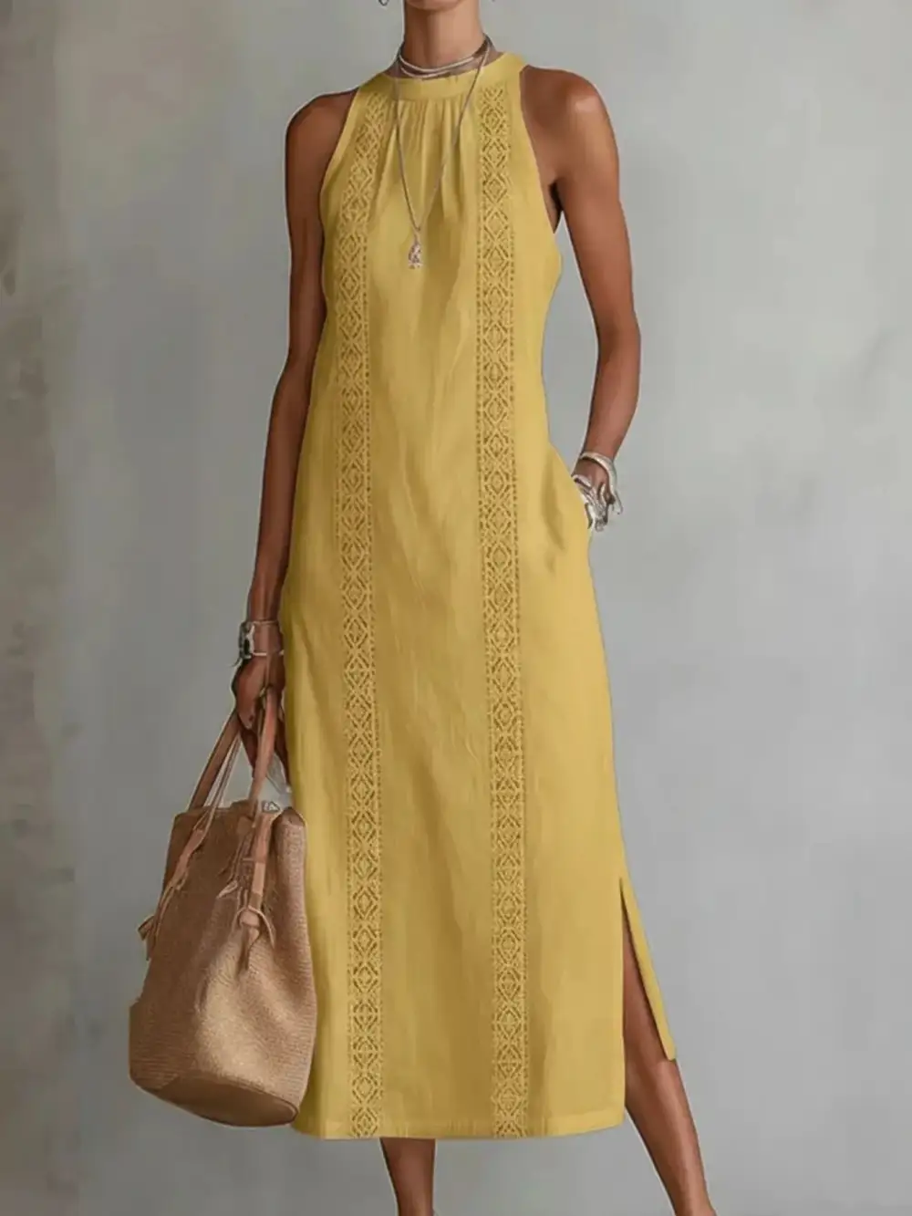 Sleeveless Lace Trim Pocketed Midi Dress