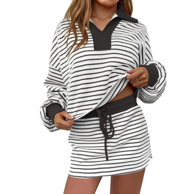 Striped Two-Piece Casual Sweatshirt And Skirt Set