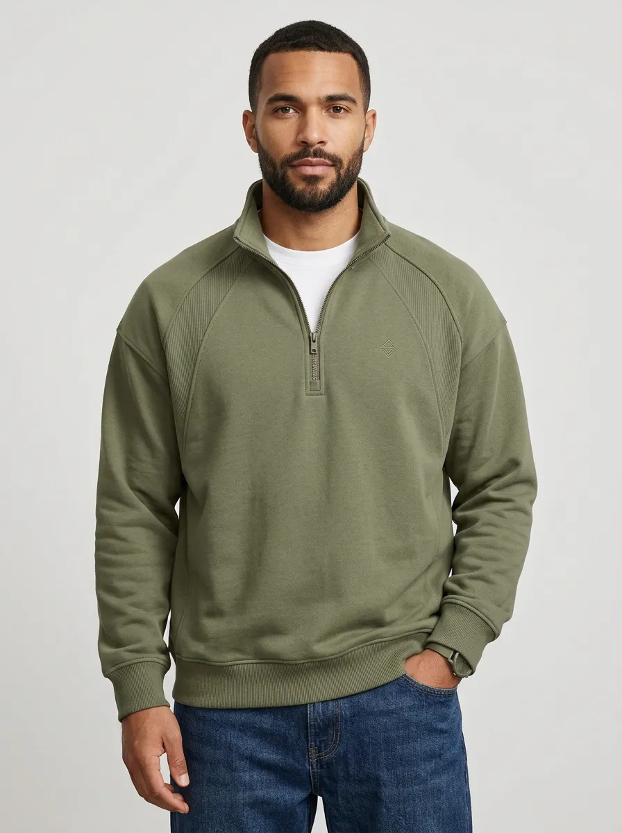 Men's Minimalist Raglan Embroidered Emblem Quarter-Zip Sweatshirt